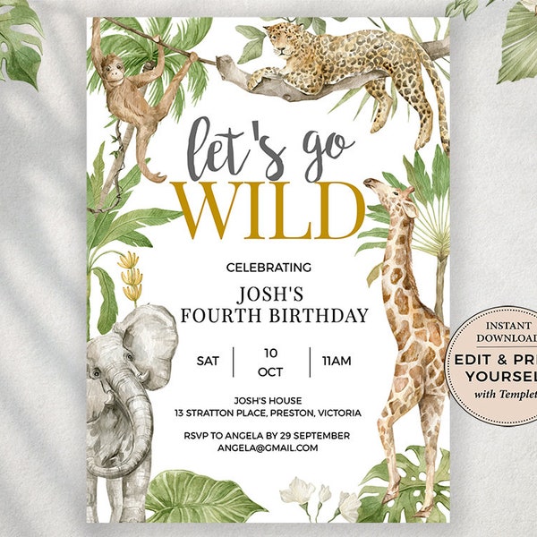 Editable Safari Birthday Invitation, Safari Invitation, Safari Evite, Safari Birthday, Jungle Birthday Invitation, Templett, #PBB101