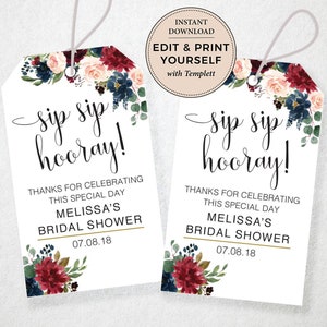 Sip Sip Hooray Tags, EDITABLE, Tags, Sip Sip Hooray, Bridal Shower, Favors, Editable Tags, Templett, INSTANT DOWNLOAD, #PBP101