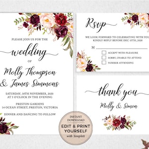 Wedding Invitation Bundle, Editable Wedding Templates, Wedding Invitation, RSVP Card, Thank You Card, INSTANT DOWNLOAD, Templett, PBP97 image 1