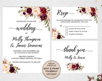 Paquete de invitaciones florales de boda: Tarjeta de RSVP y agradecimiento editable (descarga instantánea)