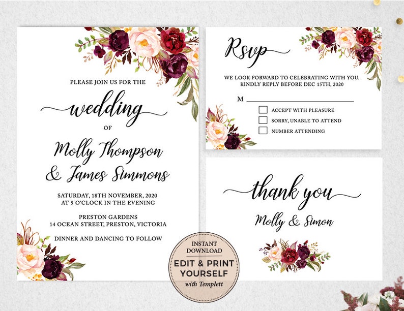 Wedding Invitation Bundle, Editable Wedding Templates, Wedding Invitation, RSVP Card, Thank You Card, INSTANT DOWNLOAD, Templett, PBP97 image 1