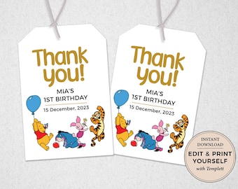 Etichetta per il primo compleanno di Winnie The Pooh: modello modificabile (download immediato)