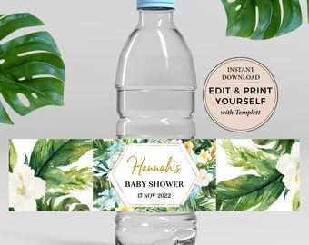 Editable Tropical Baby Shower Bottle Label, Baby Shower Bottle Label, Instant Download, Tropical Baby Shower, Teal, Templett, #PBB98