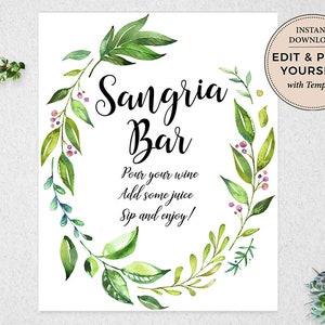 Sangria Bar Sign, Sangria Bar, Editable Sangria Bar Sign, INSTANT DOWNLOAD, Templett, PBP86 image 1