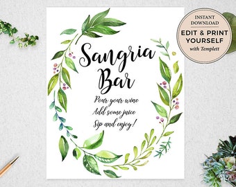 Sangria Bar Sign: Watercolor Greenery, Editable Template (Instant Download)