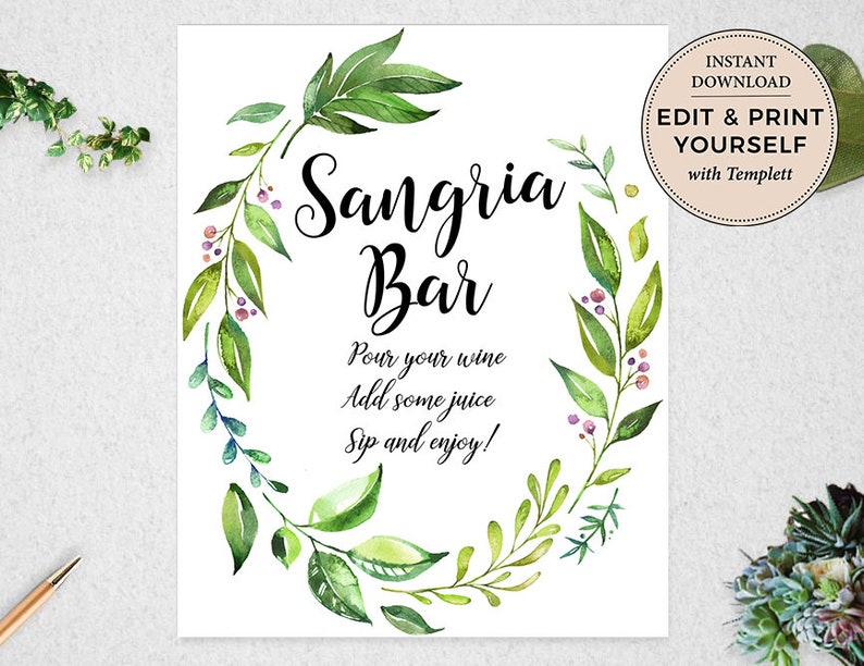 Sangria Bar Sign, Sangria Bar, Editable Sangria Bar Sign, INSTANT DOWNLOAD, Templett, PBP86 image 1