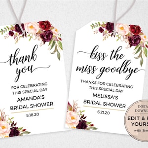Editable Bridal Shower Favor Tags: Floral Thank You, Kiss the Miss Goodbye (INSTANT DOWNLOAD)