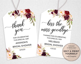 Editable Bridal Shower Favor Tags: Floral Thank You, Kiss the Miss Goodbye (INSTANT DOWNLOAD)