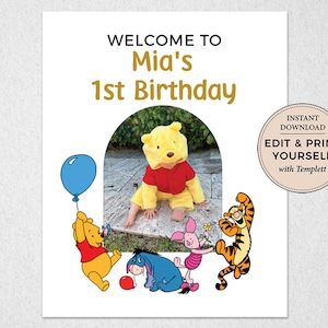 Editable Winnie The Pooh Welcome Sign, First Birthday Welcome Sign, Birthday Welcome Sign, Winnie The Pooh Birthday, Templett, #PBP114