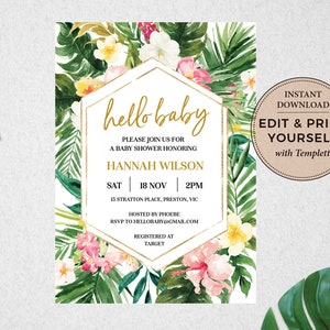 Puede incluir: Una invitaci&oacute;n a una fiesta de bienvenida al beb&eacute; con tem&aacute;tica tropical con un marco hexagonal dorado y el texto "hello baby". La invitaci&oacute;n incluye el nombre "Hannah Wilson" y los detalles del evento, incluida la fecha, la hora y la ubicaci&oacute;n. El fondo presenta ilustraciones de acuarela de hojas y flores tropicales.