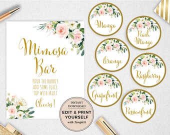Cartello Mimosa Bar ed etichette per succhi: design floreale modificabile (download immediato)