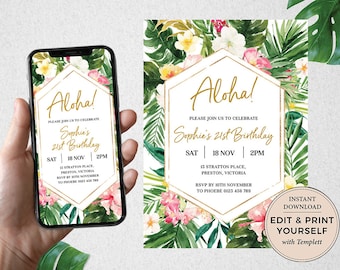 Tropical Birthday Invitation: Aloha Birthday Evite (Instant Download)