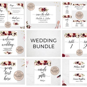 May include: A set of printable wedding stationery with a burgundy, blush, and white floral design. The set includes save the dates, invitations, RSVP cards, thank you cards, welcome signs, table numbers, and cards for gifts and cards. The text on the cards reads "save the date", "wedding", "welcome to our wedding", "your text here", "cards and gifts", "table 1", "table 20", "Melissa Field Table Two", and "Emma Brighton Table Three".