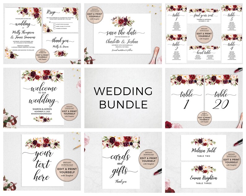 May include: A set of printable wedding stationery with a burgundy, blush, and white floral design. The set includes save the dates, invitations, RSVP cards, thank you cards, welcome signs, table numbers, and cards for gifts and cards. The text on the cards reads "save the date", "wedding", "welcome to our wedding", "your text here", "cards and gifts", "table 1", "table 20", "Melissa Field Table Two", and "Emma Brighton Table Three".