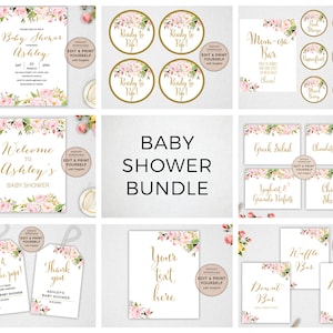 May include: A printable baby shower bundle with pink and gold floral designs. The bundle includes invitations, welcome signs, food labels, and tags. The text on the image reads "Baby Shower Bundle".