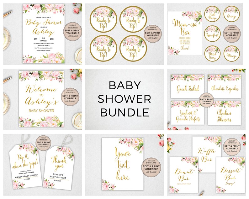 May include: A printable baby shower bundle with pink and gold floral designs. The bundle includes invitations, welcome signs, food labels, and tags. The text on the image reads "Baby Shower Bundle".