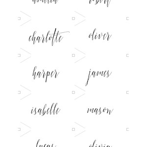 May include: A white background with ten names written in cursive script. The names are Amelia, Robert, Charlotte, Oliver, Harper, James, Isabelle, Mason, Lucas, and Olivia.