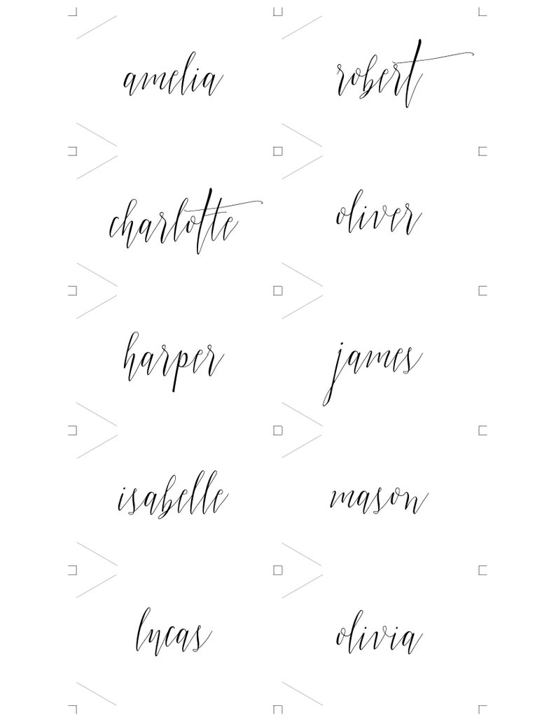 May include: A white background with ten names written in cursive script. The names are Amelia, Robert, Charlotte, Oliver, Harper, James, Isabelle, Mason, Lucas, and Olivia.