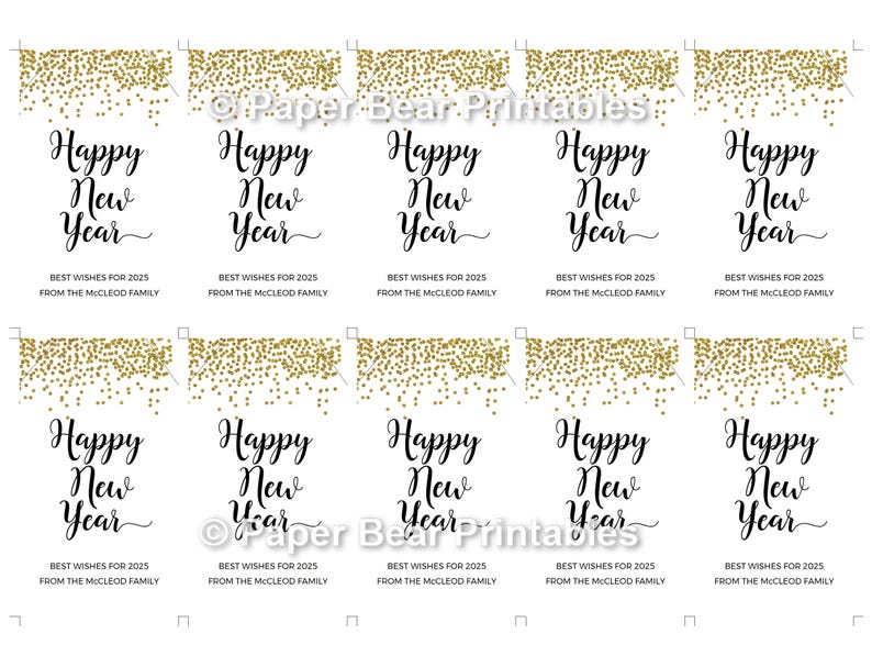 May include: White cards with gold confetti and the text "Happy New Year" in elegant black script. The cards also include the text "Best Wishes for 2025 From The Mcleod Family". A festive design for the New Year.