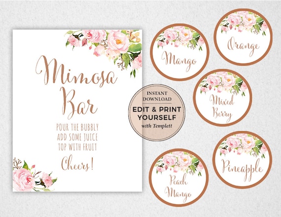Mimosa Bar Sign & Juice Labels, Mimosa Bar Labels, Rose Gold Mimosa Bar, Mimosa Bar Sign, Bridal ...