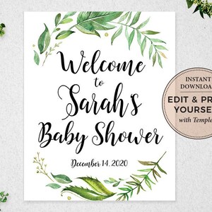 May include: A printable welcome sign for a baby shower with a green leafy border and the text "Welcome to Sarah's Baby Shower December 14, 2020".