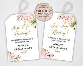 Sip Sip Hooray Bridal Shower Favor Tags (Editable, Instant Download)