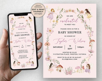 Fairy Baby Shower Invitation, Editable Fairy Baby Shower Invitation, Fairy Evite, Fairy Baby Shower, Instant Download, Templett, #PBP117