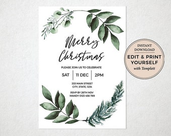 May include: Editable Christmas party invitation template with a green watercolor wreath and the text "Merry Christmas". The template includes the date, time, and location of the party, as well as RSVP information. The text "Instant Download, Edit & Print Yourself with Templett" is also included.