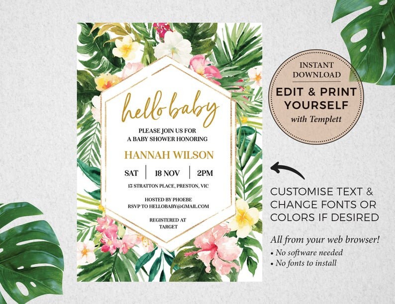 Tropical Baby Shower Invitation, Tropical Invitation, Baby Shower Invitation, Editable Invitation, Tropical Baby Shower, Templett, PBB98 image 3