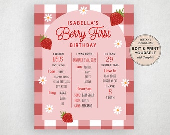 Editable Berry First Birthday Milestone Sign, 1st Birthday Milestone Sign, Berry First Birthday, Milestone Sign, Templett, #PBP115