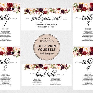 May include: Printable wedding table seating chart template with burgundy and pink floral borders. The template includes a title card that says "Find Your Seat" with the names "Thomas & Natasha" and the date "November 21, 2020". There are four table cards numbered 1 through 4, each with a list of guest names.