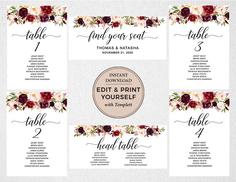May include: Printable wedding table seating chart template with burgundy and pink floral borders. The template includes a title card that says "Find Your Seat" with the names "Thomas & Natasha" and the date "November 21, 2020". There are four table cards numbered 1 through 4, each with a list of guest names.