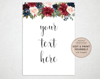 Navy Burgundy Floral Editable Wedding Sign Template (Instant Download)