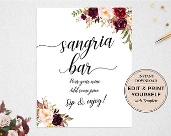 Editable Sangria Bar Sign: Floral Party Decor (Instant Download)