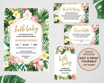 Tropical Baby Shower Bundle, Tropical Baby Shower, Editable Tropical Invitation, Books For Baby, Diaper Raffle, Tag, Templett, #PBB98