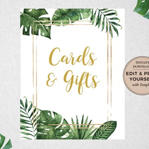 Op de afbeelding: Een printbaar bord met een gouden frame en tropische bladeren. De tekst op het bord luidt "Kaarten & Cadeaus". Het bord bevat ook de tekst "Direct downloaden, bewerken en zelf afdrukken met Templett".