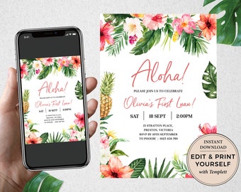 Tropical Birthday Invitation, First Birthday Invitation,  Evite, Editable Invitation, Tropical, Templett, Electronic Invitation, #PBB98