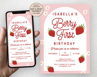 Editable Berry First Birthday Invitation, Berry First Birthday Evite, Berry First Birthday, Instant Download, Templett, #PBP115
