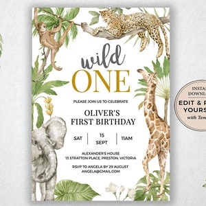 Invito modificabile per il primo compleanno a tema Safari: animali della giungla (Templett)