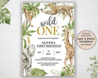 Editable Safari Birthday Invitation, First Birthday Invitation, Jungle Birthday Invitation, Safari Birthday Invitation, Templett, #PBB101