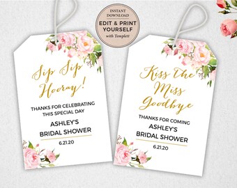 Editable Tags, Sip Sip Hooray Tags, Kiss The Miss Goodbye Tags, Thank You Tags, Bridal Shower Favor Tags, INSTANT DOWNLOAD, Templett, #PBP85