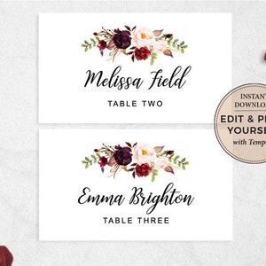 May include: Two printable place cards with floral designs in shades of burgundy, pink, and green. The text on the cards reads "Melissa Field, Table Two" and "Emma Brighton, Table Three".