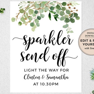 Sparkler Send Off Sign, Editable Sparkler Send Off, Sparkler Send Off Template, Eucalyptus, INSTANT DOWNLOAD, Templett