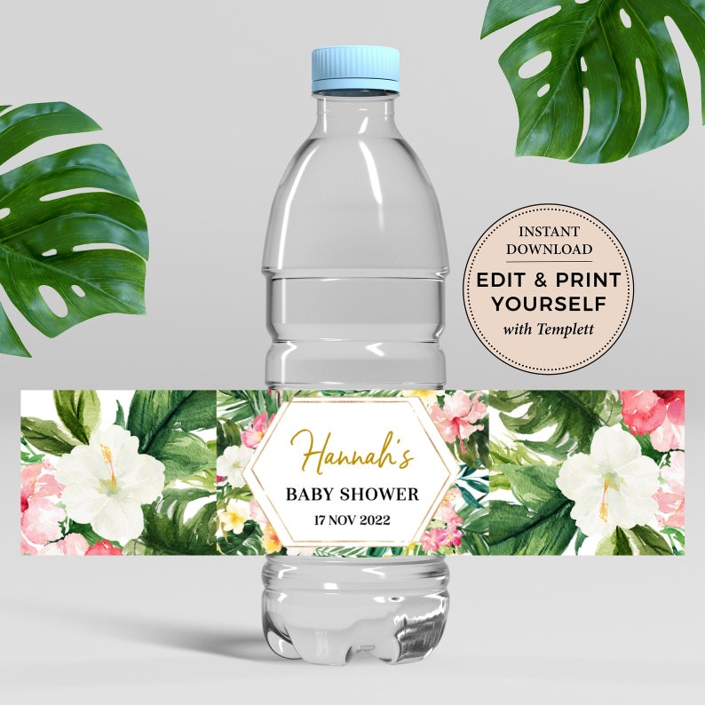 Puede incluir: Etiqueta de botella de agua con un dise&ntilde;o floral tropical. La etiqueta presenta un hex&aacute;gono con el texto "Hannah's Baby Shower 17 NOV 2022".