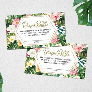 Puede incluir: Dos tarjetas de rifa de pa&ntilde;ales con tem&aacute;tica tropical y detalles dorados. El texto en las tarjetas dice "Rifa de pa&ntilde;ales" y "Por favor, traiga un paquete de pa&ntilde;ales de cualquier tama&ntilde;o, para tener la oportunidad de ganar un premio especial!" con una l&iacute;nea para un nombre.
