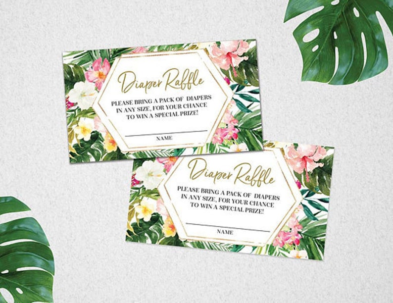 Puede incluir: Dos tarjetas de rifa de pa&ntilde;ales con tem&aacute;tica tropical y detalles dorados. El texto en las tarjetas dice "Rifa de pa&ntilde;ales" y "Por favor, traiga un paquete de pa&ntilde;ales de cualquier tama&ntilde;o, para tener la oportunidad de ganar un premio especial!" con una l&iacute;nea para un nombre.