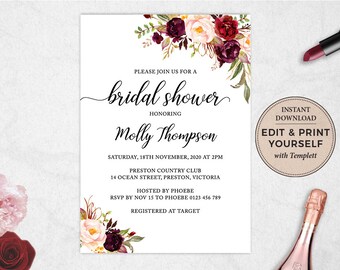 Floral Bridal Shower Invitation: Editable Template (Instant Download)