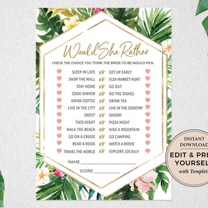 Tropical Bridal Shower Game: Would She Rather (Editable, Digital Download)