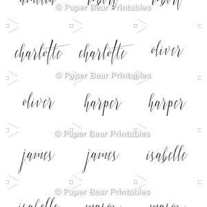 May include: A printable sheet with 12 different names written in cursive script. The names are Amelia, Robert, Charlotte, Oliver, Harper, James, Isabelle, and Mason.