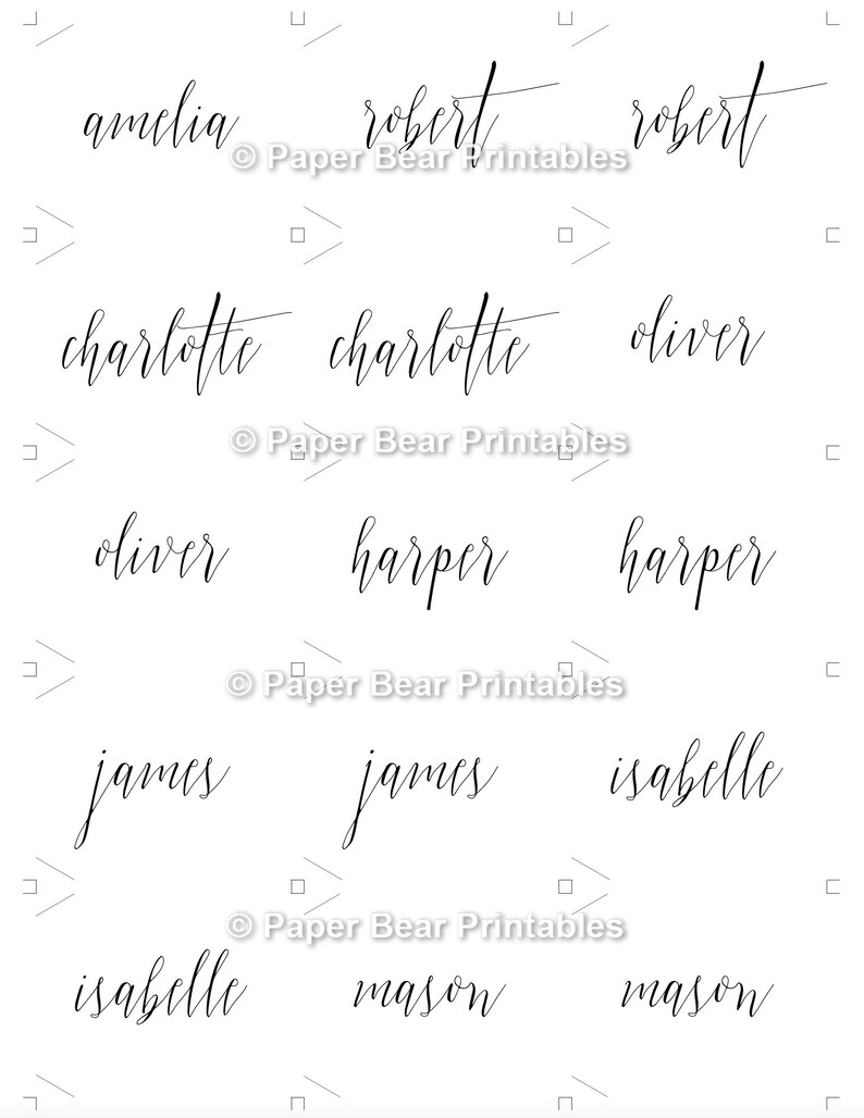 May include: A printable sheet with 12 different names written in cursive script. The names are Amelia, Robert, Charlotte, Oliver, Harper, James, Isabelle, and Mason.